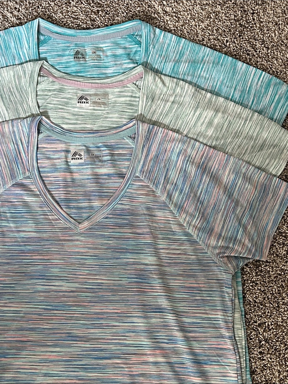Set of 3 RBX Women's Multi-Stripe Active Tees | Pink/Blue, Mint, Teal | Size 2X